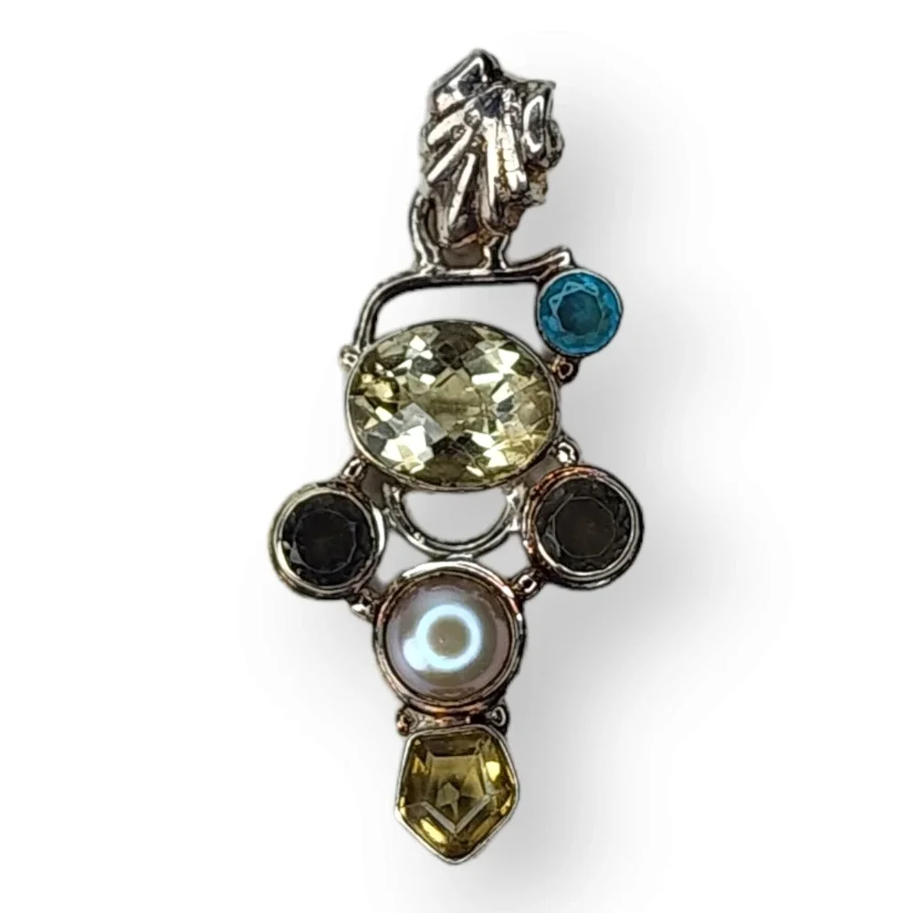 Vintage Pendant Sterling Silver 925 Citrine Topaz Aquamarine Pearl Gem